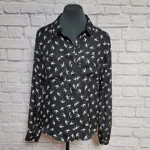 Olsenboye Button Down Blouse - Black/White Bird Design - Size M